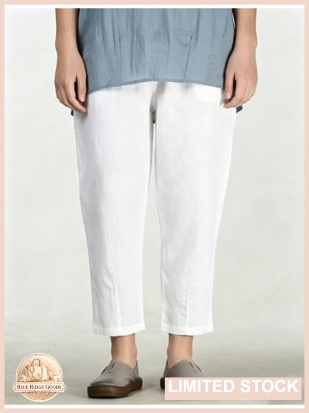 Linen Cropped Pants Tapered Ankle Capris Elastic Waist Pull-On - Picture 4 of 5